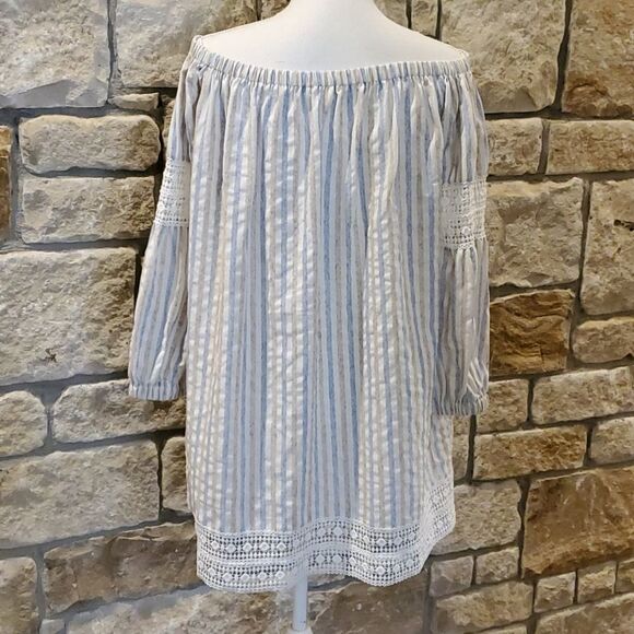 Freeway off shoulder dress blue tan stripe medium - Picture 4 of 5
